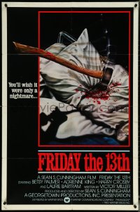 6b0799 FRIDAY THE 13th int'l 1sh 1980 Joann art of axe in pillow, wish it was a nightmare!