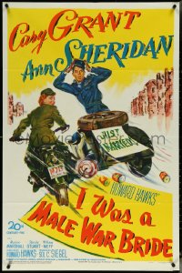 6b0849 I WAS A MALE WAR BRIDE 1sh 1949 cross-dresser Cary Grant & Ann Sheridan on motorcycle, Hawks!