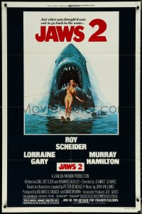 6b0865 JAWS 2 1sh 1978 great classic art of giant shark attacking girl on water skis by Lou Feck!