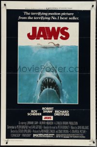 6b0864 JAWS 1sh 1975 art of Spielberg's classic man-eating shark attacking naked swimmer!