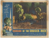 6b0496 INVASION OF THE SAUCER MEN LC #3 1957 cabbage head aliens surround unconscious man on ground!