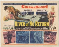 6b0378 RIVER OF NO RETURN TC 1954 great art of Robert Mitchum holding down sexy Marilyn Monroe!