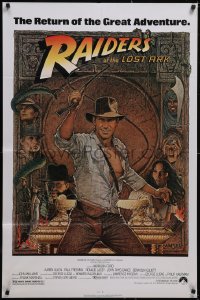 6b0973 RAIDERS OF THE LOST ARK 1sh R1980s great Richard Amsel art of adventurer Harrison Ford!