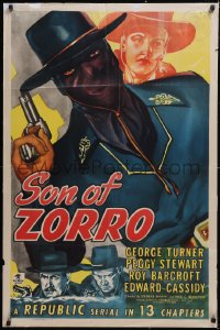 6b1022 SON OF ZORRO 1sh 1947 cool art of the masked hero with gun, Republic serial!