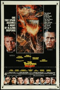 6b1057 TOWERING INFERNO 1sh 1974 McQueen, Paul Newman, art of burning building by John Berkey!