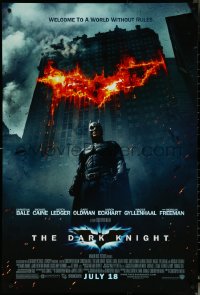 6c0708 DARK KNIGHT advance DS 1sh 2008 Christian Bale as Batman in front of burning bat symbol!