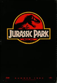 6c0795 JURASSIC PARK teaser DS 1sh 1993 Steven Spielberg, logo with T-Rex over red background!