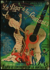 6c0524 LA LIGA DE LAS CANCIONES Mexican poster 1941 Viejo art of sexy dancer & guitar, ultra rare!