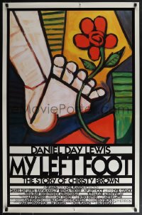 6c0838 MY LEFT FOOT int'l 1sh 1989 Daniel Day-Lewis, cool artwork of foot w/flower by Seltzer!