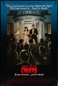 6c0845 NIGHT OF THE CREEPS 1sh 1986 great wacky art of guy and his date fighting off zombies!