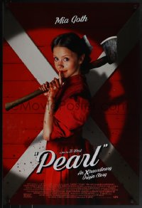 6c0854 PEARL DS 1sh 2022 image of Mia Goth in the title role with axe & bloody hands, Ti West!