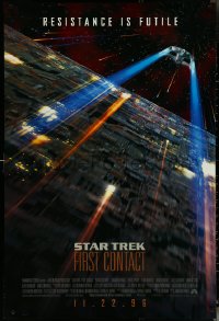 6c0946 STAR TREK: FIRST CONTACT int'l advance DS 1sh 1996 image of starship Enterprise above Borg cube!