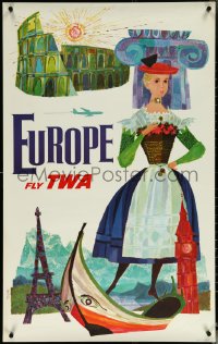 6c0599 TWA EUROPE 25x40 travel poster 1960s cool Klein artwork of woman & destinations!