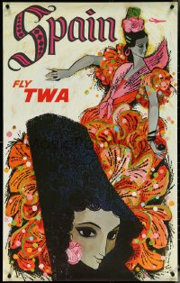 6c0603 TWA SPAIN 25x40 travel poster 1960s colorful David Klein art of pretty Spanish dancer!