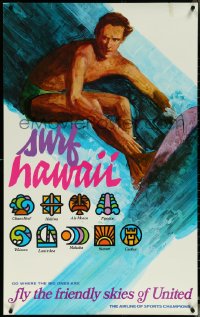 6c0605 UNITED AIRLINES SURF HAWAII 25x40 travel poster 1960s fantastic surfing art by Otero, rare!