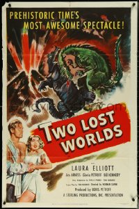 6f1326 TWO LOST WORLDS 1sh 1950 prehistoric time's most awesome spectacle, dinosaur art!