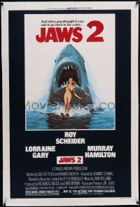 6h0871 JAWS 2 linen 1sh 1978 great classic Lou Feck art of giant shark attacking girl on water skis!