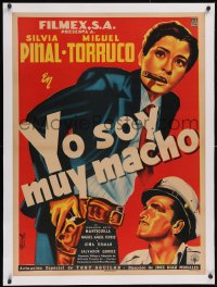 6h0745 YO SOY MUY MACHO linen Mexican poster 1953 Diaz art of Silvia Pinal dressed as man with cigar!