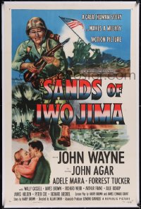6h0971 SANDS OF IWO JIMA linen 1sh R1954 great art of World War II Marine John Wayne & flag raising!