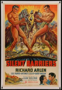 6h0976 SILENT BARRIERS linen style B 1sh 1937 Fred Kulz art of two giants tearing apart mountain!
