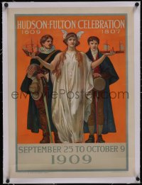 6h0563 HUDSON-FULTON CELEBRATION linen 19x26 special poster 1909 Edwin Blashfield art, ultra rare!