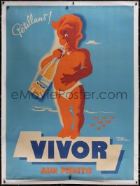 6h0361 VIVOR linen 45x61 French advertising poster 1950s Gabriel art of child with soda, ultra rare!