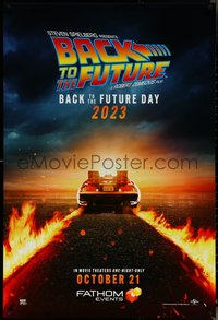 6k0559 BACK TO THE FUTURE DS 1sh R2023 Michael J. Fox, great art of Delorean with fiery tire tracks!