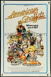 6p0894 AMERICAN GRAFFITI 1sh 1973 George Lucas teen classic, Mort Drucker montage art of cast!