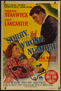 6p0459 SORRY WRONG NUMBER Aust 1sh 1948 art of Burt Lancaster giving Barbara Stanwyck the backhand!