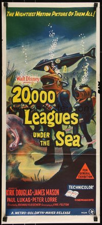 6p0461 20,000 LEAGUES UNDER THE SEA Aust daybill R1960s Jules Verne classic, art of deep sea divers!