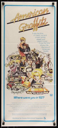 6p0463 AMERICAN GRAFFITI Aust daybill 1974 George Lucas, wacky Mort Drucker far away art of cast!