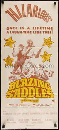 6p0469 BLAZING SADDLES Aust daybill 1974 classic Mel Brooks western, wacky different art!