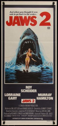 6p0493 JAWS 2 Aust daybill 1978 art of giant shark attacking girl on water skis by Lou Feck!