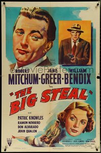 6p0920 BIG STEAL 1sh 1949 great art of Robert Mitchum, Jane Greer & William Bendix with gun!