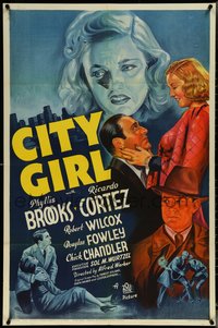 6p0952 CITY GIRL 1sh 1938 great crime art of Phyllis Brooks and Ricardo Cortez, ultra rare!