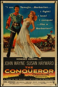 6p0960 CONQUEROR 1sh 1956 barbarian John Wayne grabs half-dressed sexy Susan Hayward!