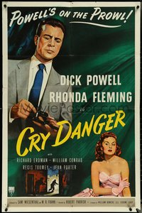 6p0967 CRY DANGER 1sh 1951 great film noir art of Dick Powell & Rhonda Fleming!