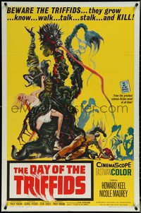 6p0970 DAY OF THE TRIFFIDS 1sh 1962 classic English sci-fi horror, cool art of monster with girl!