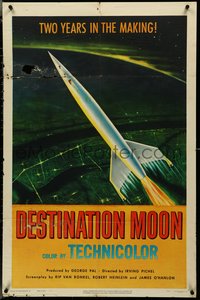 6p0975 DESTINATION MOON 1sh 1951 Robert A. Heinlein, cool rocket art, continuous 1st release!