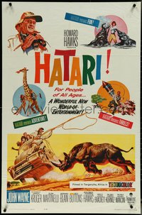 6p1045 HATARI 1sh 1962 Howard Hawks, artwork of John Wayne in Africa by Frank McCarthy!