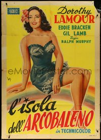 6p0411 RAINBOW ISLAND Italian 1p 1950 Longi art of Dorothy Lamour in sarong on rainbow, ultra rare!