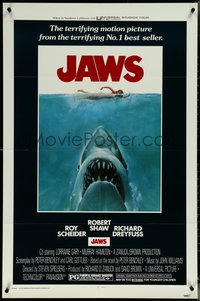 6p1077 JAWS 1sh 1975 art of Spielberg's classic man-eating shark attacking naked swimmer!