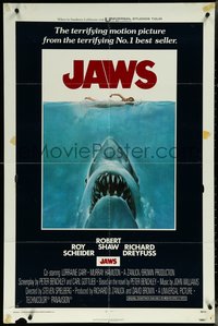 6p1078 JAWS int'l 1sh 1975 art of Spielberg's classic man-eating shark attacking naked swimmer!