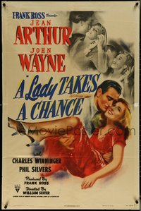 6p1090 LADY TAKES A CHANCE 1sh 1943 Jean Arthur moves west and falls in love with John Wayne, rare!