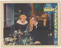 6p0677 JUGGERNAUT LC 1937 great close up of creepy Boris Karloff glaring at Mona Goya by microscope!