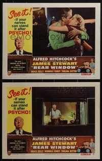 6p0881 REAR WINDOW 2 LCs R1962 Alfred Hitchcock, Grace Kelly & Jimmy Stewart kissing, Raymond Burr!