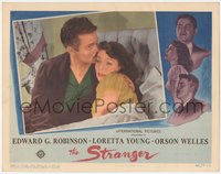 6p0719 STRANGER LC 1946 close up of Orson Welles kissing Loretta Young's forehead in bed!