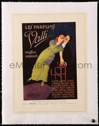 6p0196 LES PARFUMS VALLI linen Italian magazine ad 1950s great romantic art of man & woman w/perfume!