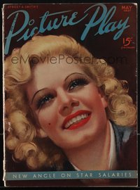 6p0436 PICTURE PLAY magazine May 1937 wonderful cover art of pretty Jean Harlow by Marland Stone!