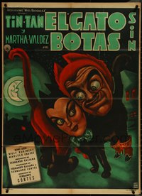 6p0341 EL GATO SIN BOTAS Mexican poster 1957 Cabral art of Tin-Tan & Martha Valdez as cats, rare!